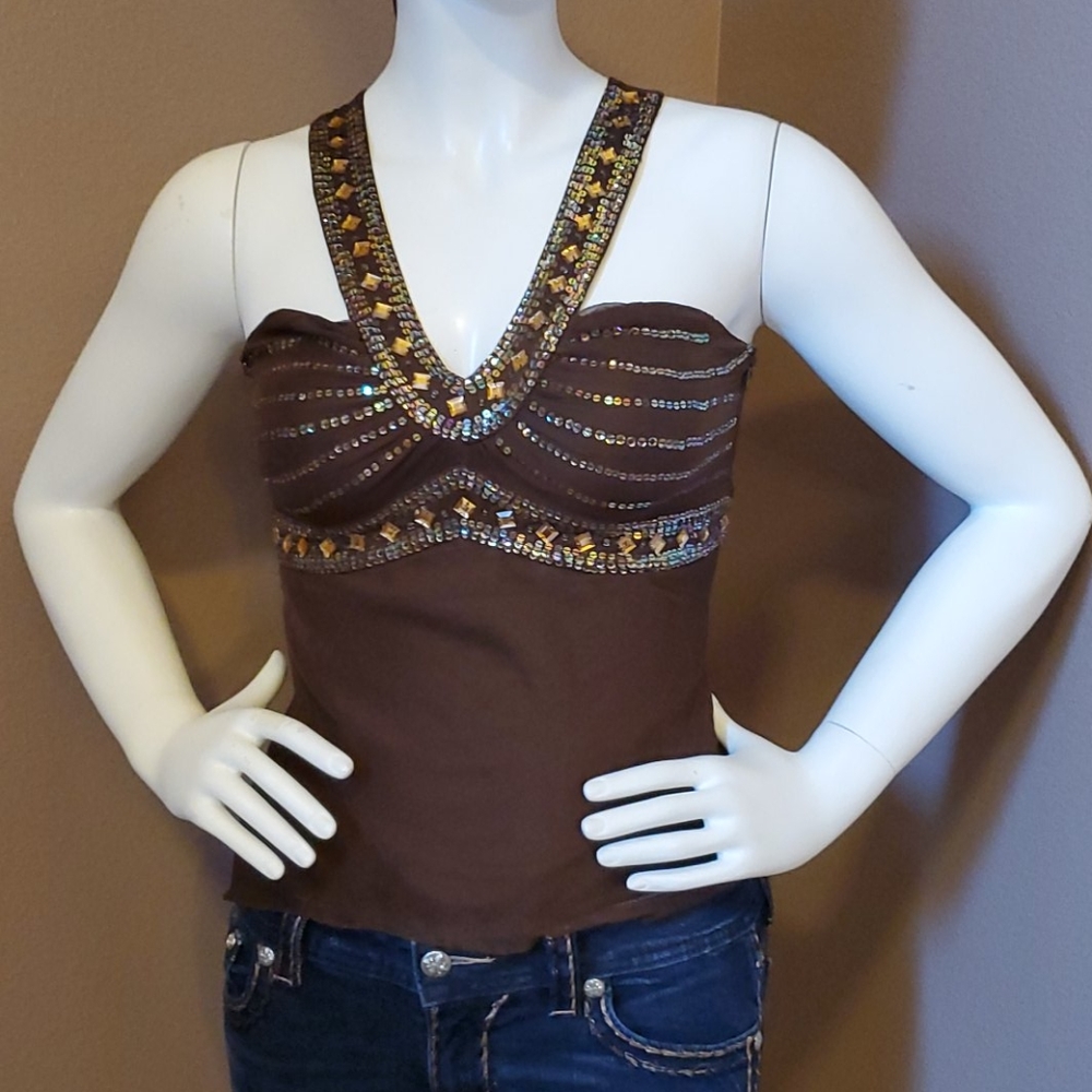 Y2K TEA/F brown silk embellished top M